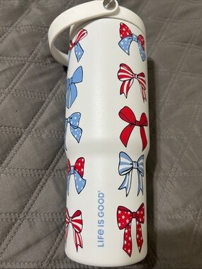 Life Is Good White Tumbler with Red and Blue Patriotic Bow Pattern